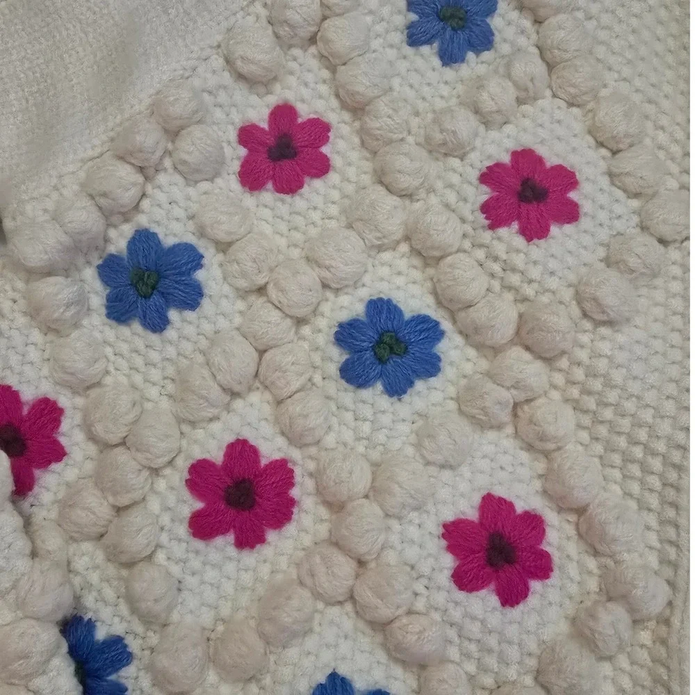 Allison New York Cottagecore Embroidered Pom Cardigan Cream Floral Sweater Small